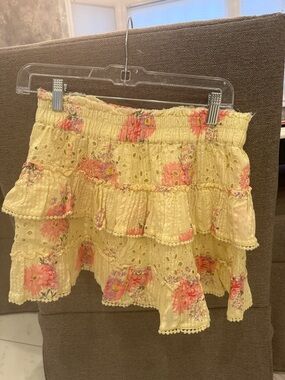 Loveshackfancy Yellow Floral Eyelet Tiered Mini Skirt